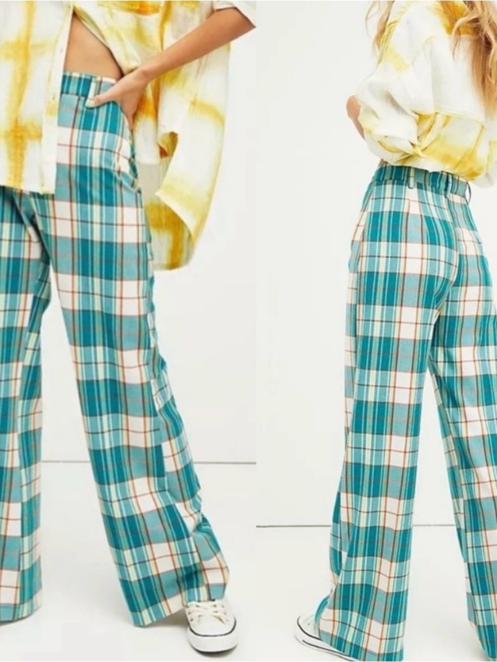 Free People Jules High Rise Wide Leg Pants Trousers Teal Blue Green Plaid